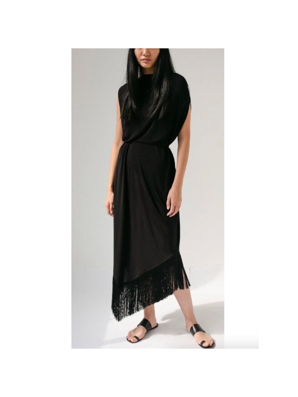 MATTEAU Fringe Cocoon Dress Belted Stretch Jersey Midi Black Women's Size 2